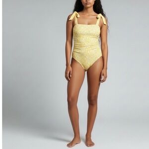 Citrine | One Piece Swimsuit Small Yellow Floral Tie Shoulder Square Neck Beach